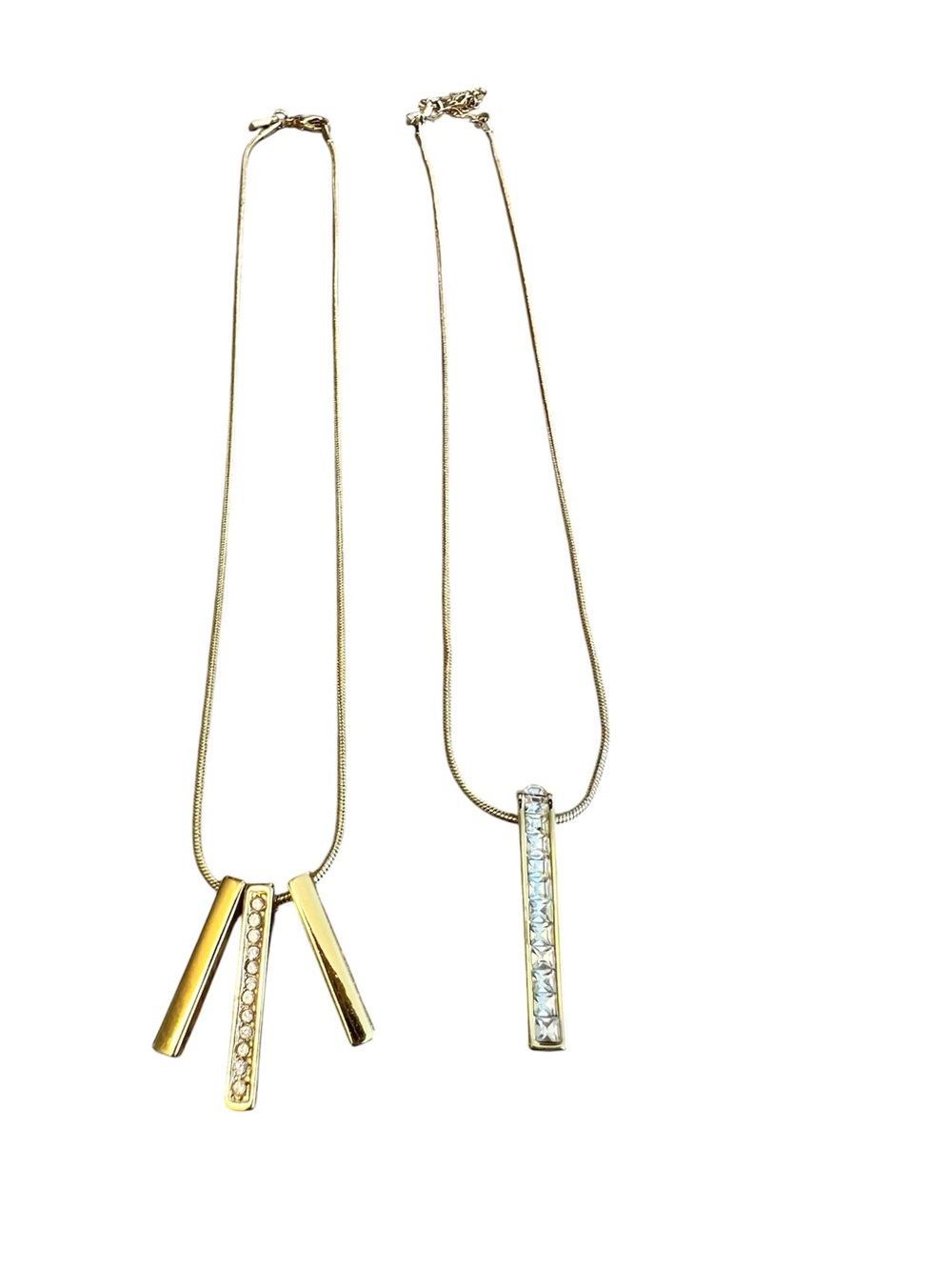 Lot of 2 Gold-Tone Rhinestone Bar Pendant Necklaces Adjustable Chains